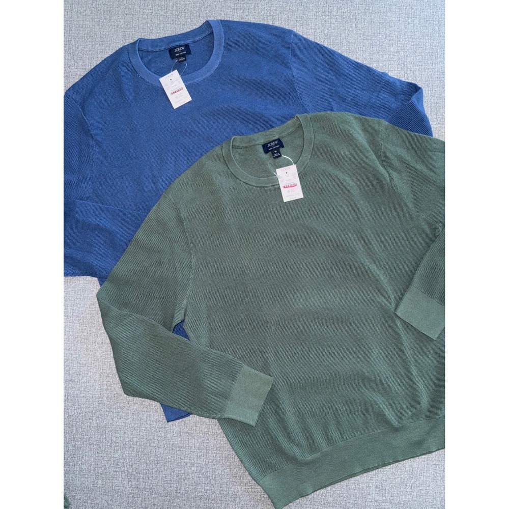 J.Crew Mens 100% Cotton Textured Waffle Knit Crewneck Sweater Lot 2 Blue Green M